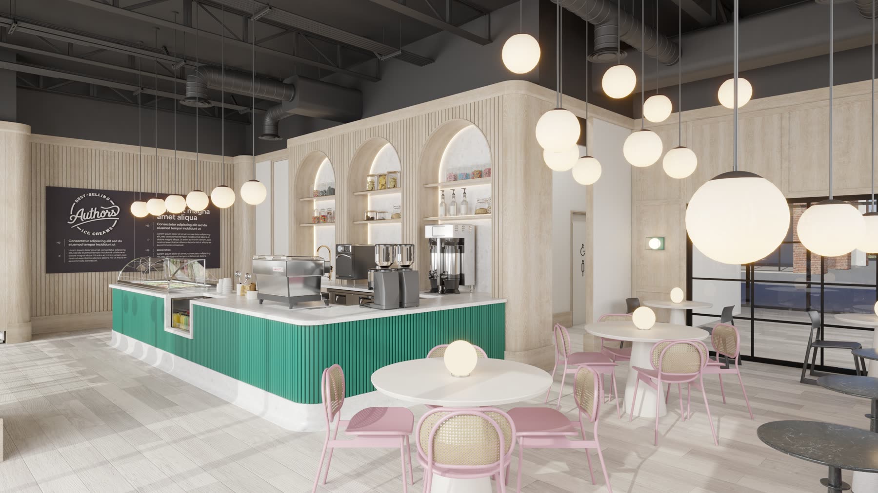 Author's Ice Cream, the green fluted counter under globe pendants