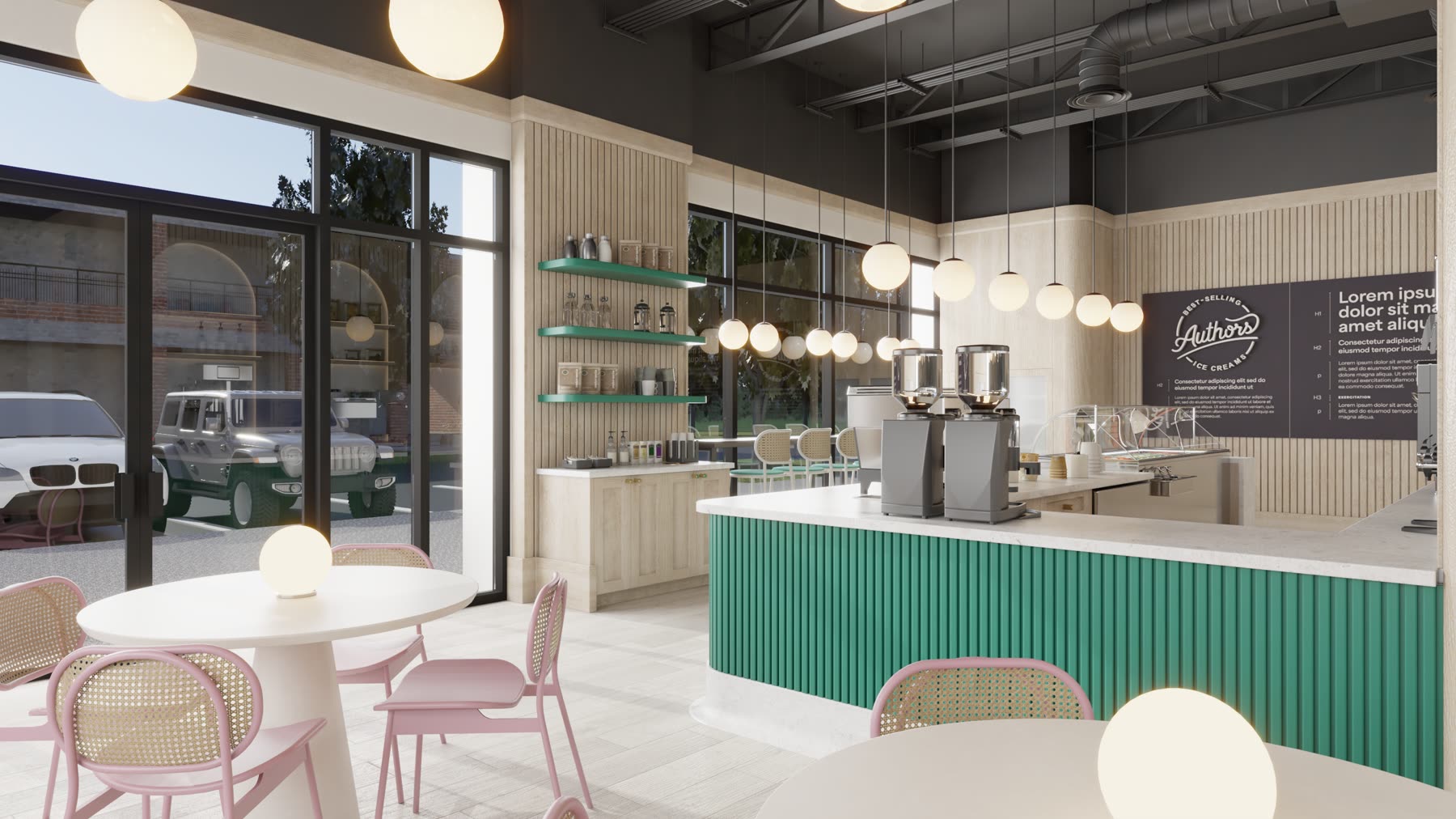 Author's Ice Cream, the seating against the glazing