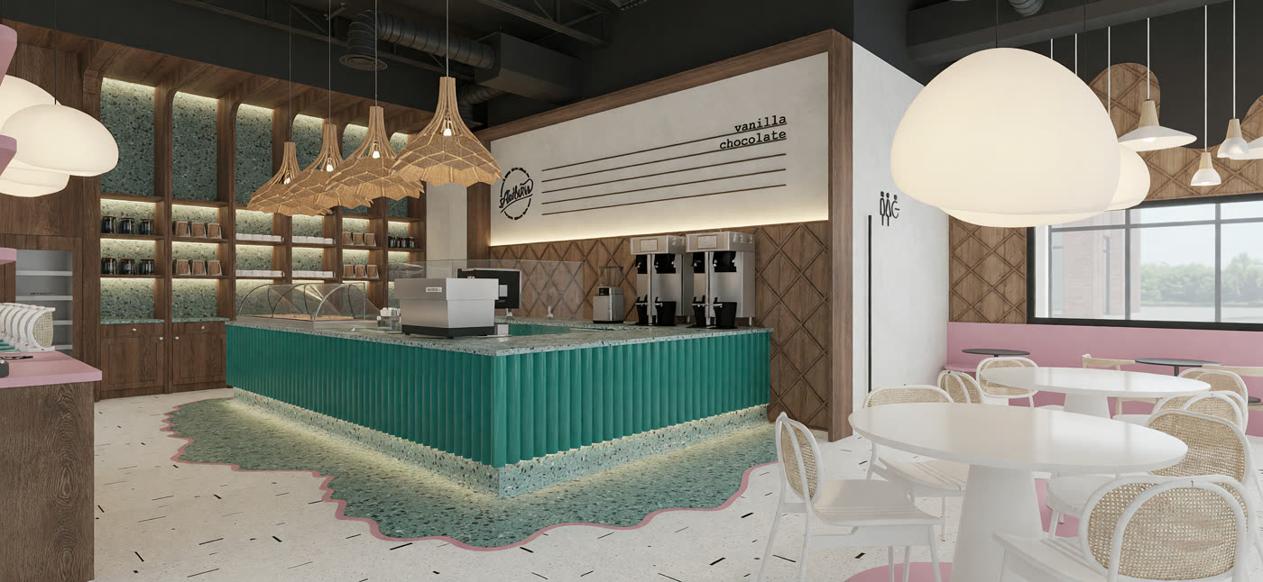 Quick lighting render 1: the parlour with the green fluted counter, rattan pendants and a terrazzo apron