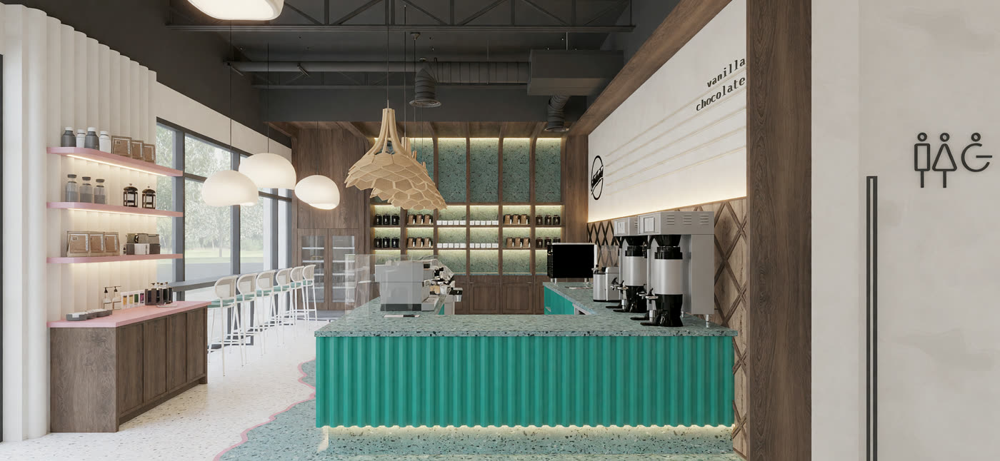 Quick lighting render 2: the parlour with the green fluted counter, rattan pendants and a terrazzo apron