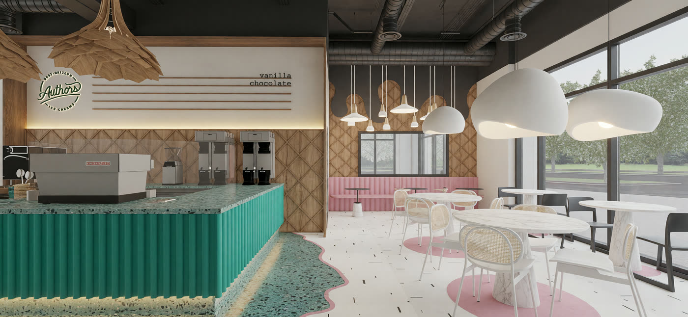 Quick lighting render 4: the parlour with the green fluted counter, rattan pendants and a terrazzo apron