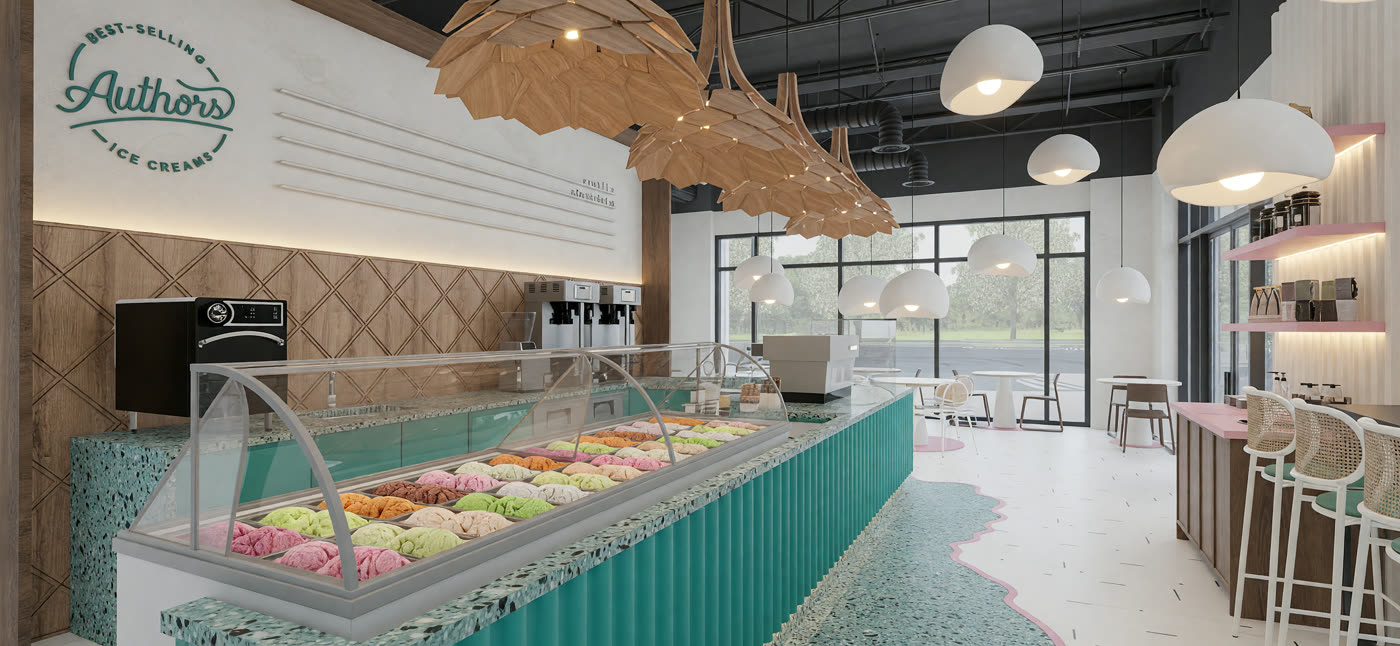 Quick lighting render 5: the parlour with the green fluted counter, rattan pendants and a terrazzo apron
