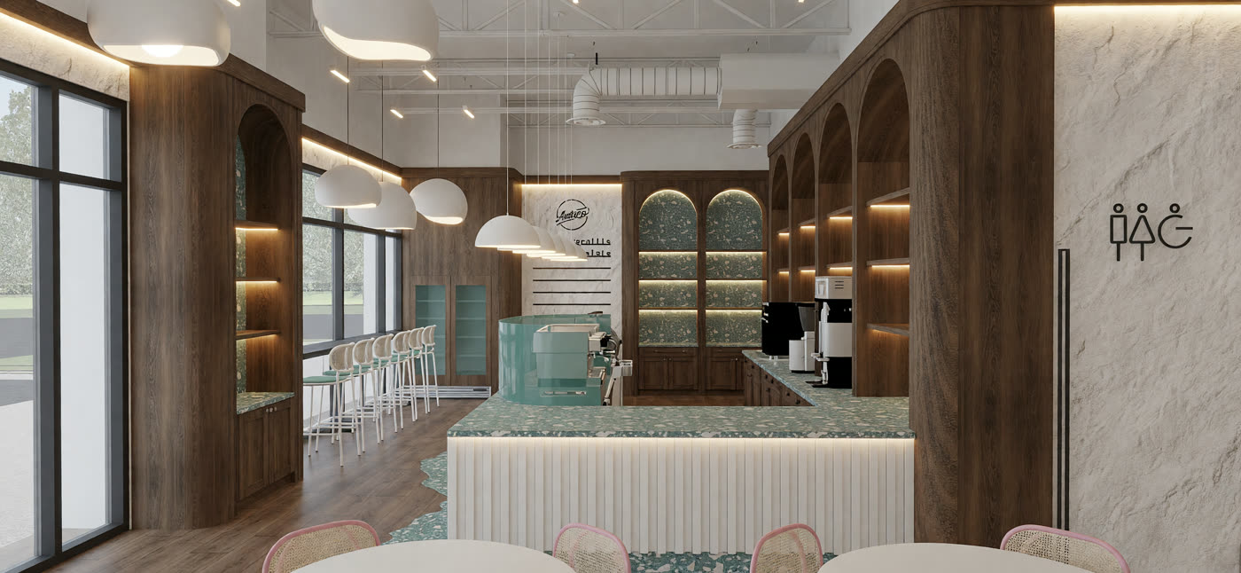 Quick lighting render 7: the parlour with the green fluted counter, rattan pendants and a terrazzo apron