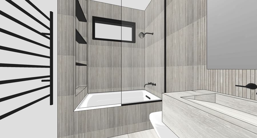 One of six baths drawn as six separate rooms