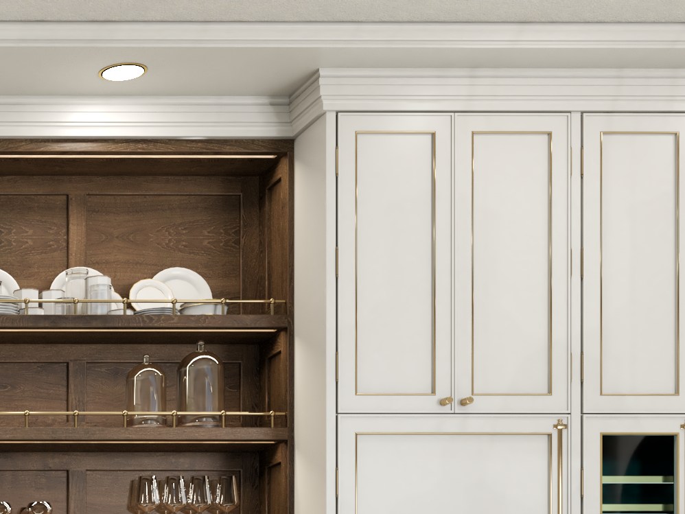 A cornice running unbroken across a walnut lined open dresser and the cream larder doors beside it, returning into the wall