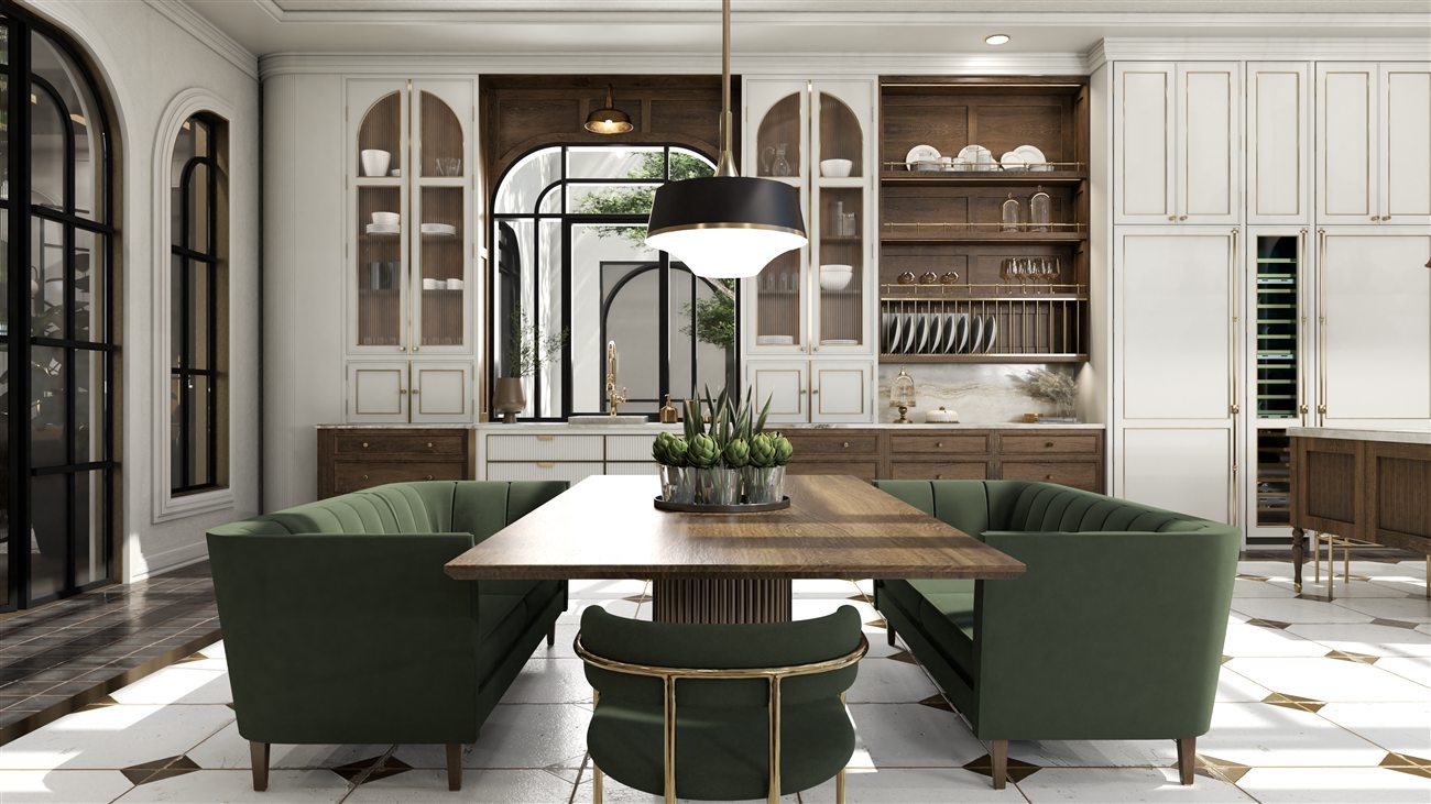 Chapter House dining end: a green channel tufted banquette around a walnut table, against a full wall of joinery with glazed cabinets and a walnut lined open dresser