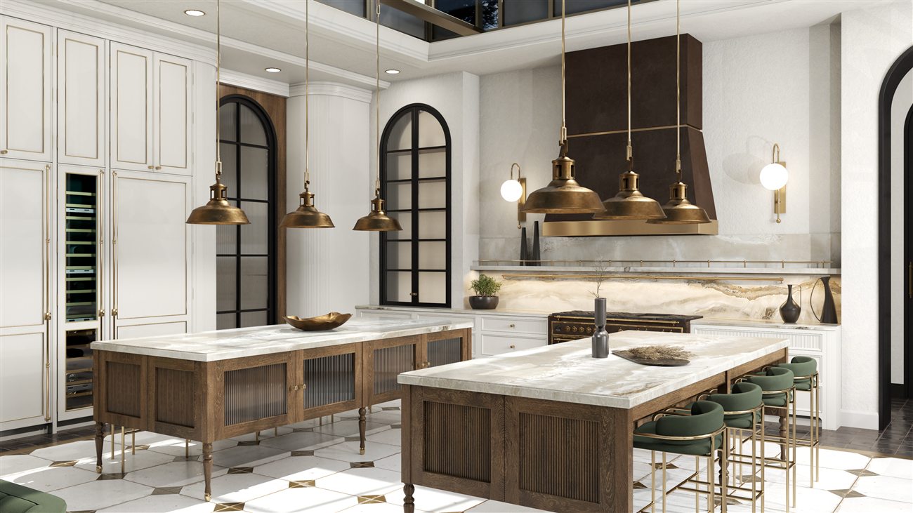 Chapter House kitchen from the side: two walnut islands with marble tops and reeded glass doors, brass dome pendants and a bronze hood
