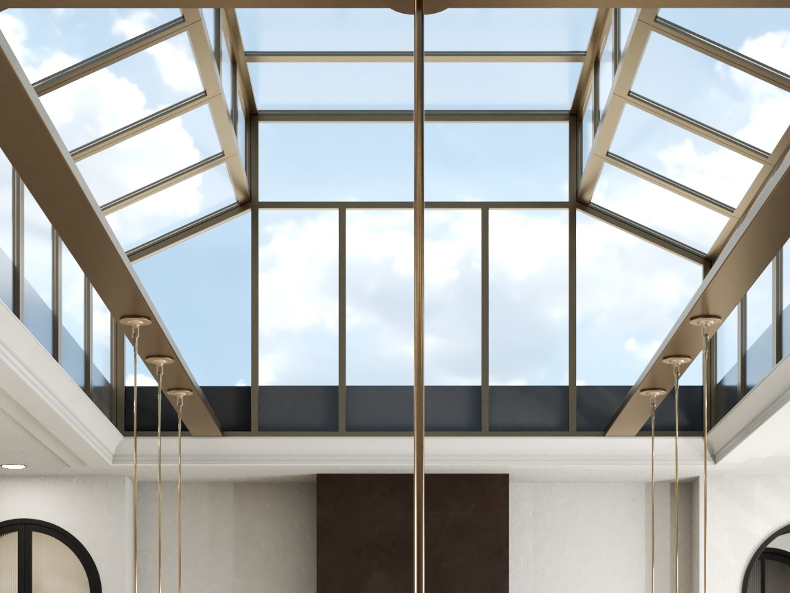 A hipped roof lantern glazed on all four slopes, set down into the kitchen ceiling on slim brass glazing bars