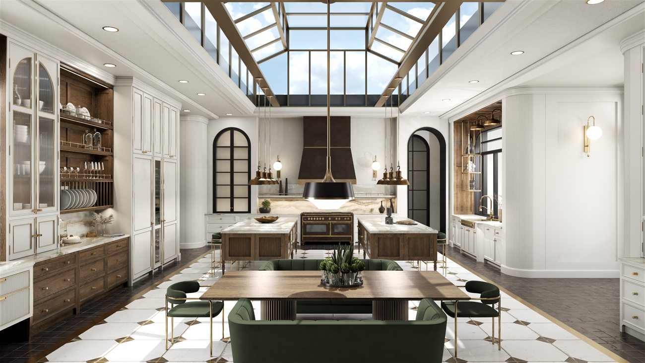Chapter House, a skylit kitchen with twin walnut islands
