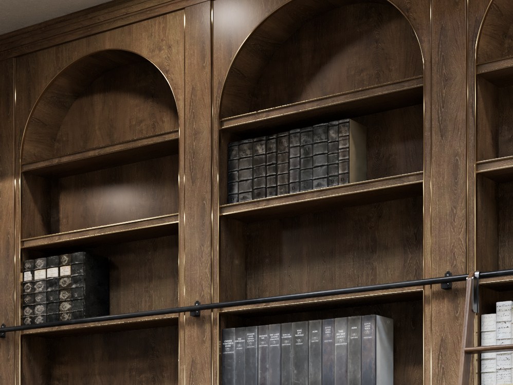 Timber bookcase bays closed with round arches cut from the same timber, shelves filled with books