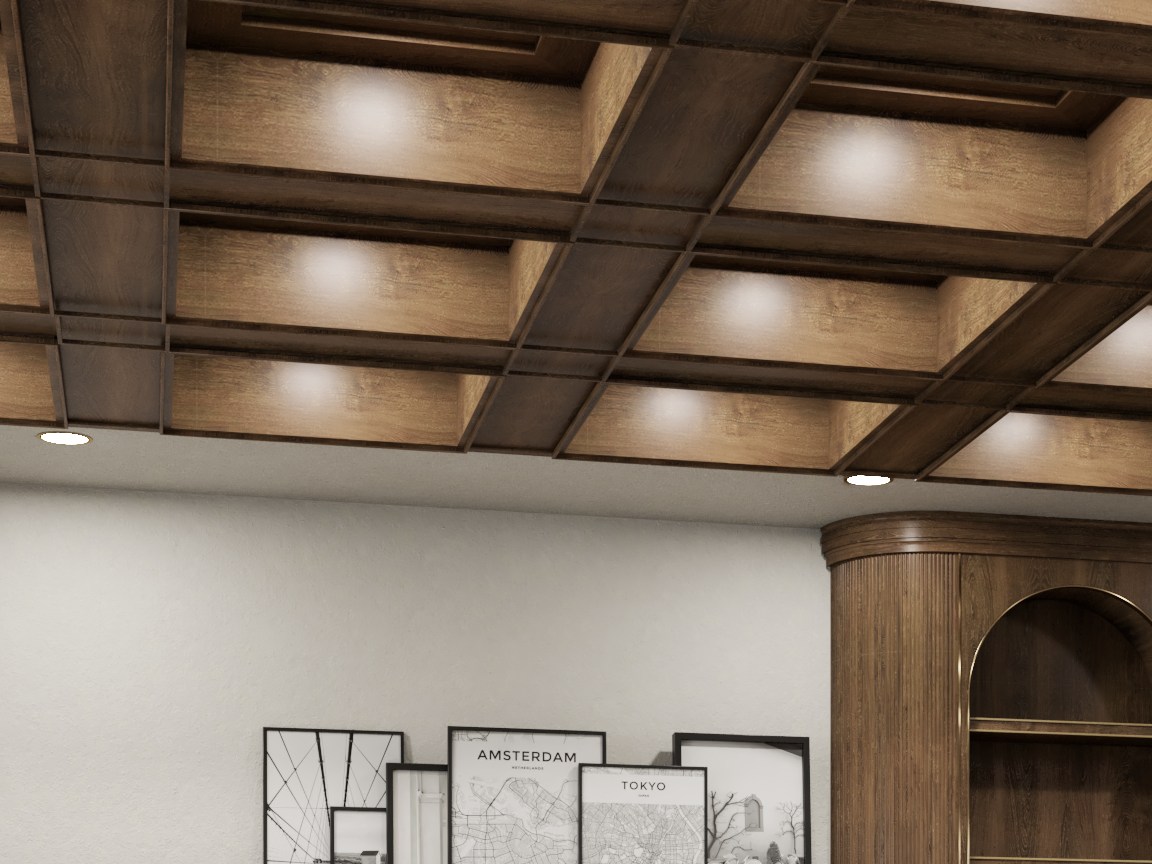A deep timber coffered ceiling grid with a recessed downlight set into each panel