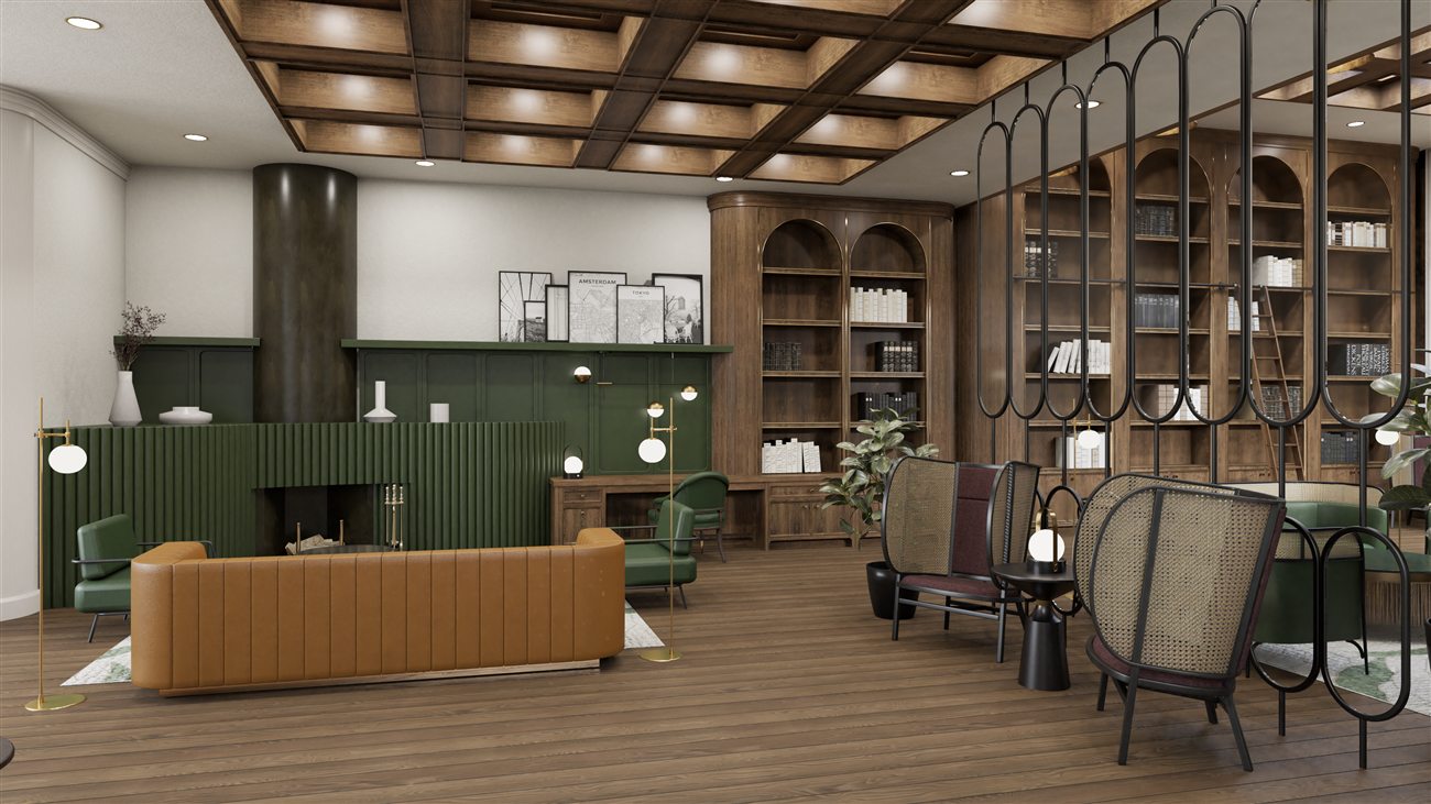 Chapter House lounge: a green fluted fireplace wall under a coffered timber ceiling, with a tan leather sofa and cane chairs