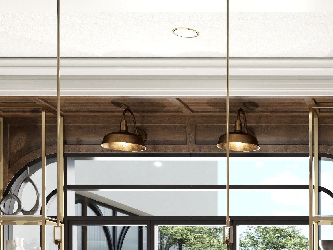 A walnut lined window reveal set into a white panelled wall, with brass gooseneck lights mounted inside it