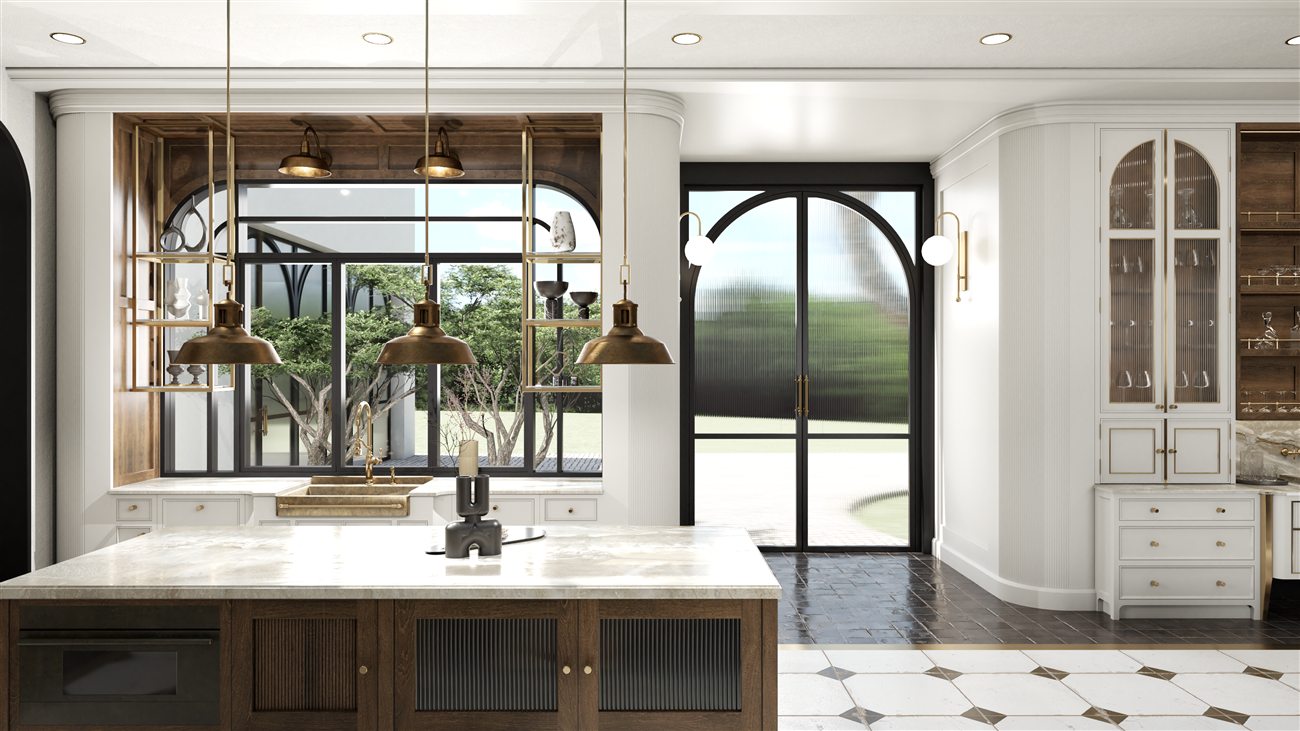 Chapter House kitchen window wall: a walnut lined window recess with brass shelving and pendants, a fluted brass sink, and a black steel arched garden door