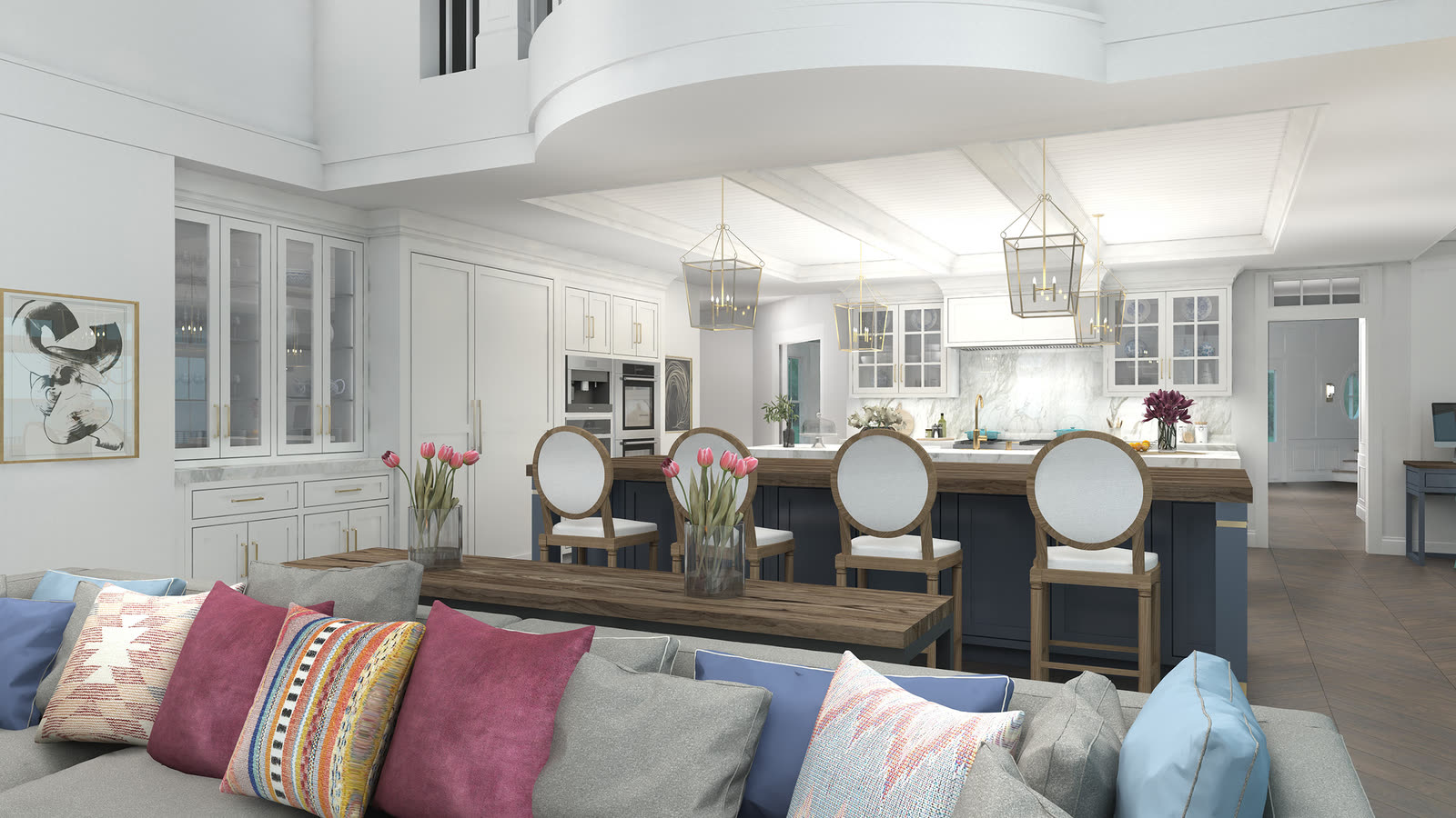 A navy island under brass lanterns, white shaker and marble