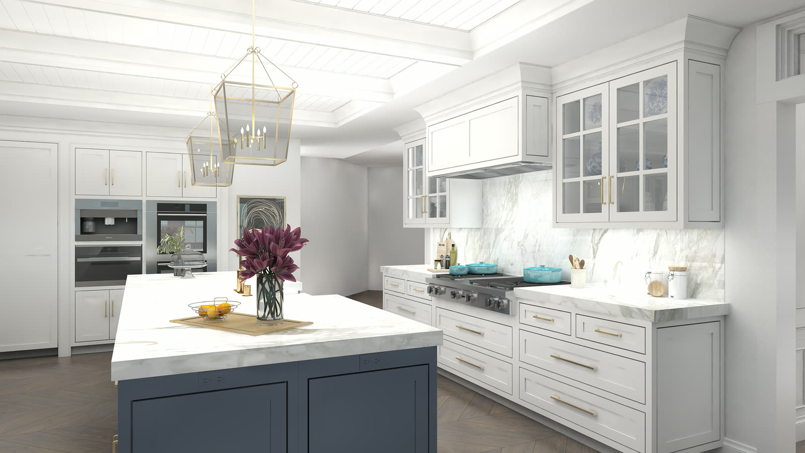 A galley run in marble, with the range wall opposite