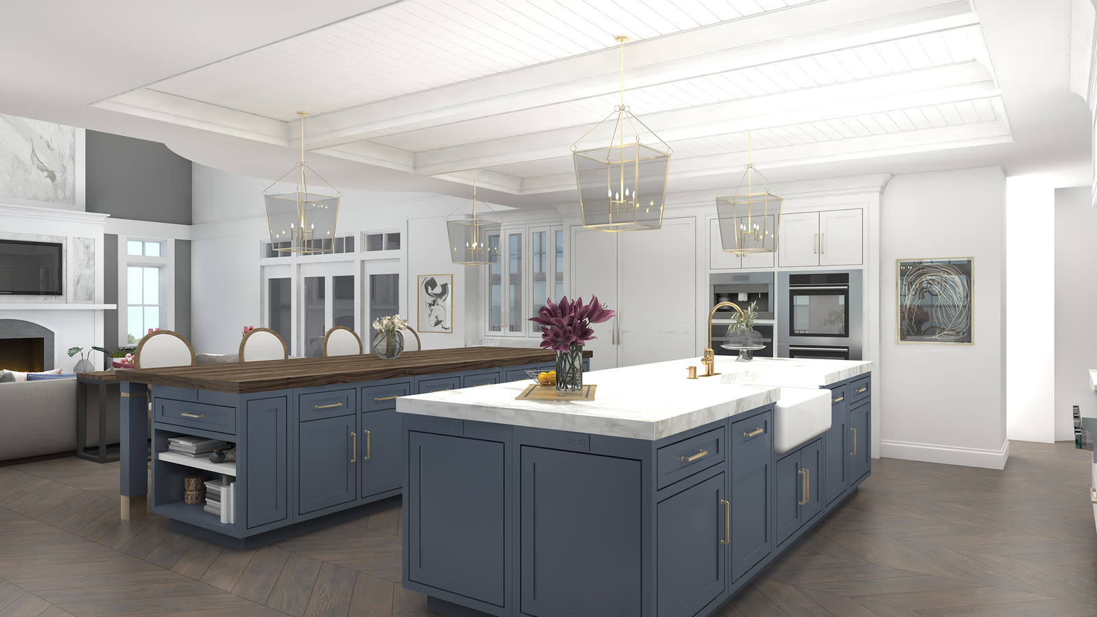 A galley run in white shaker and marble, with the range wall opposite