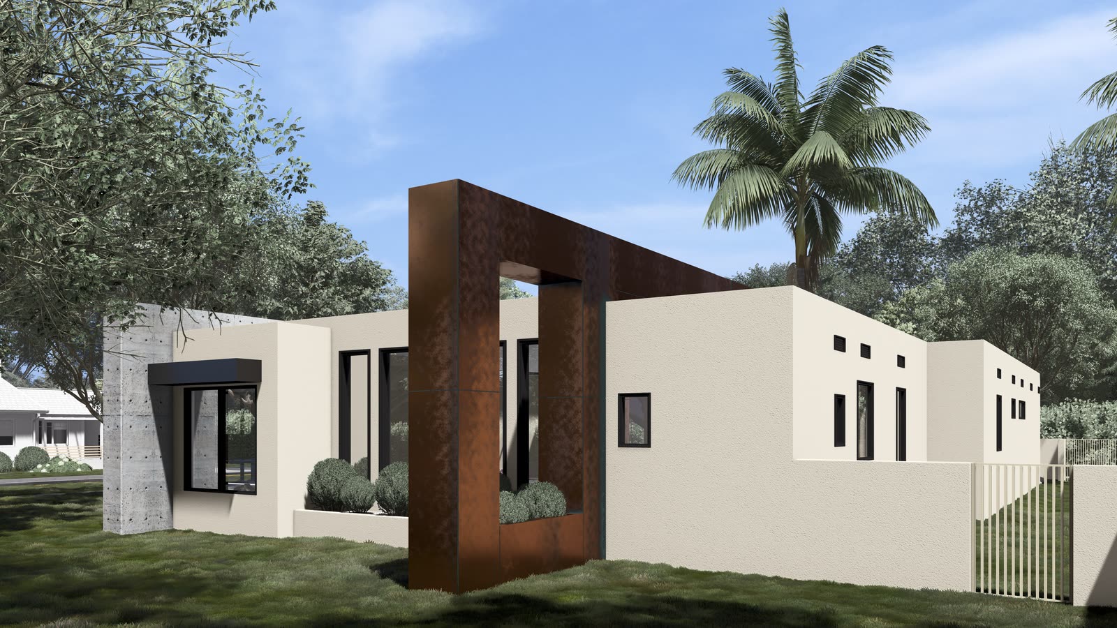 A single storey house in pale render behind a tall weathering steel entry portal, with black framed glazing, flat roofs and palms overhead