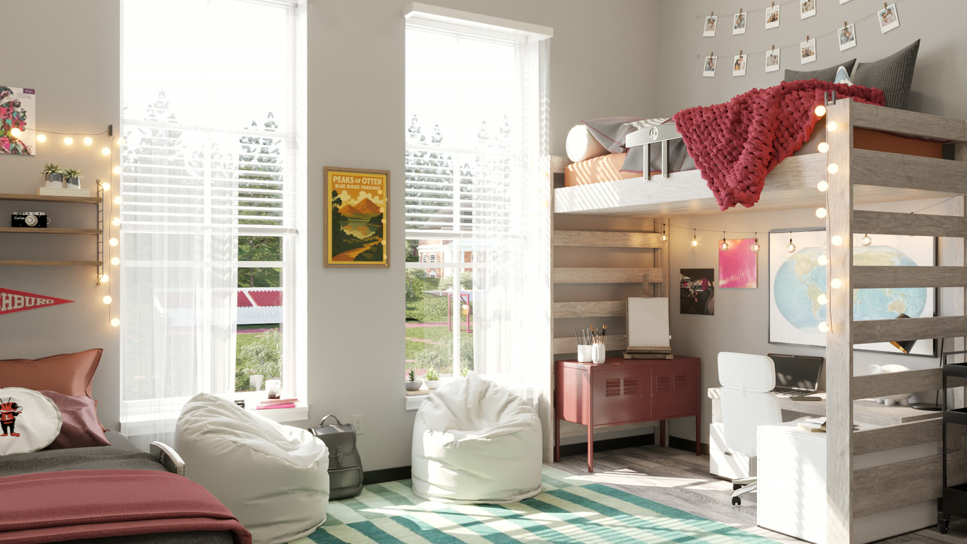 The window wall with fairy lights, a framed print between the windows and the loft bed to the right