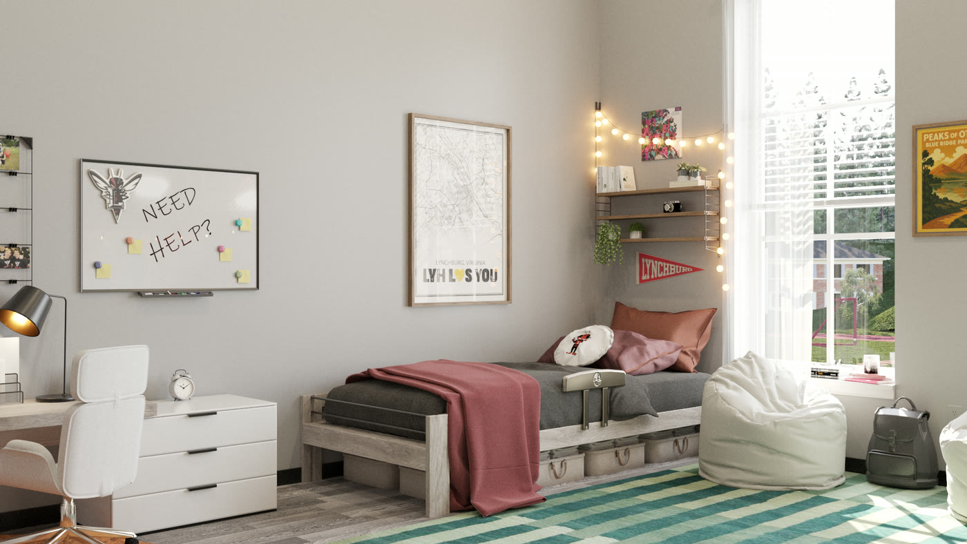 The wall opposite: a whiteboard, a chest of drawers and the bed under a pinned photo grid