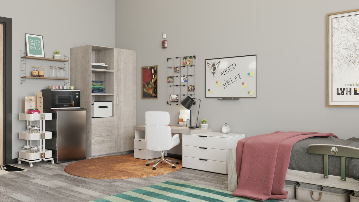 A compact fridge and microwave beside open shelving, with the desk and bed behind