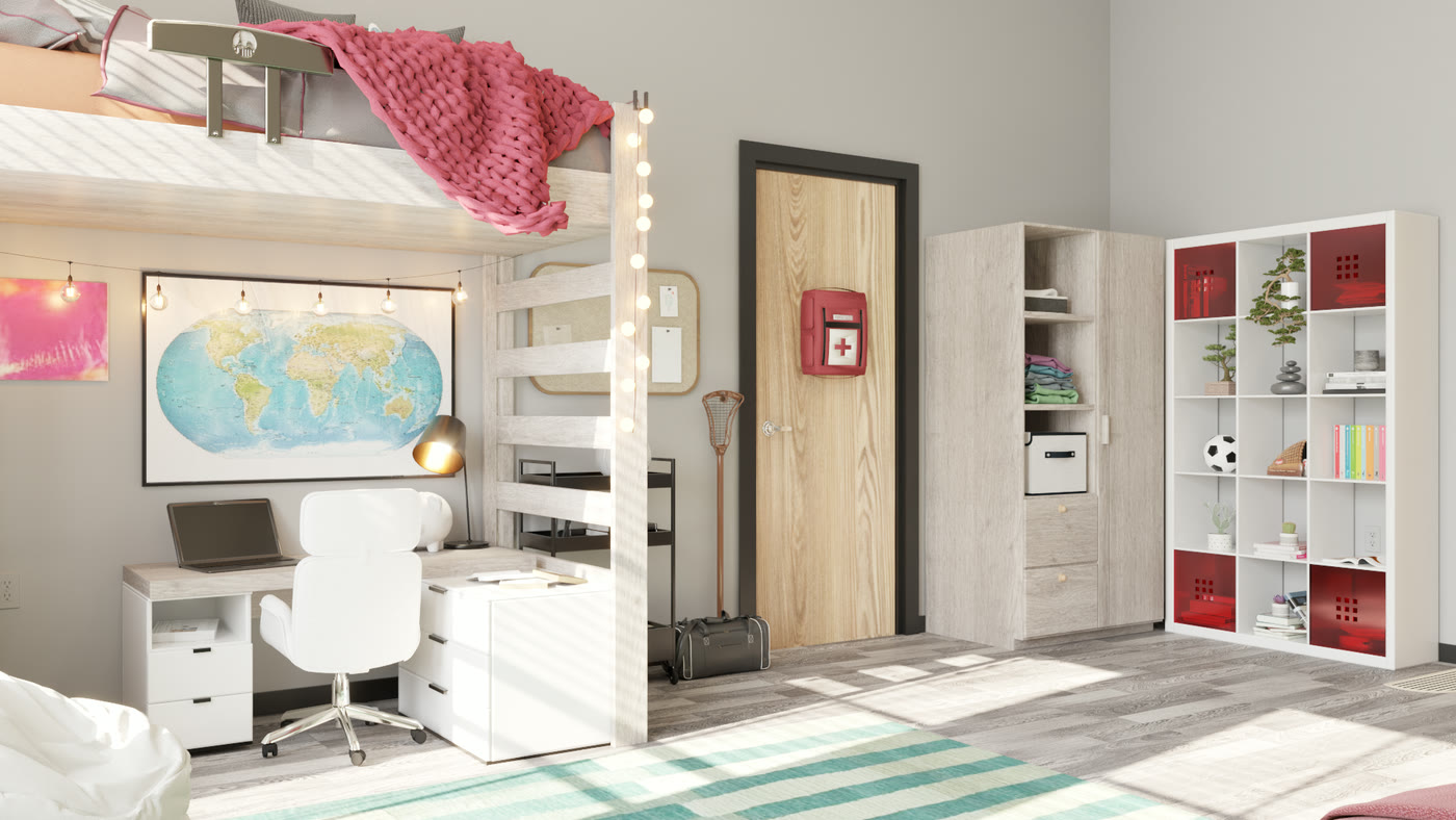 The door wall: a first aid box, storage cubes and the wardrobe
