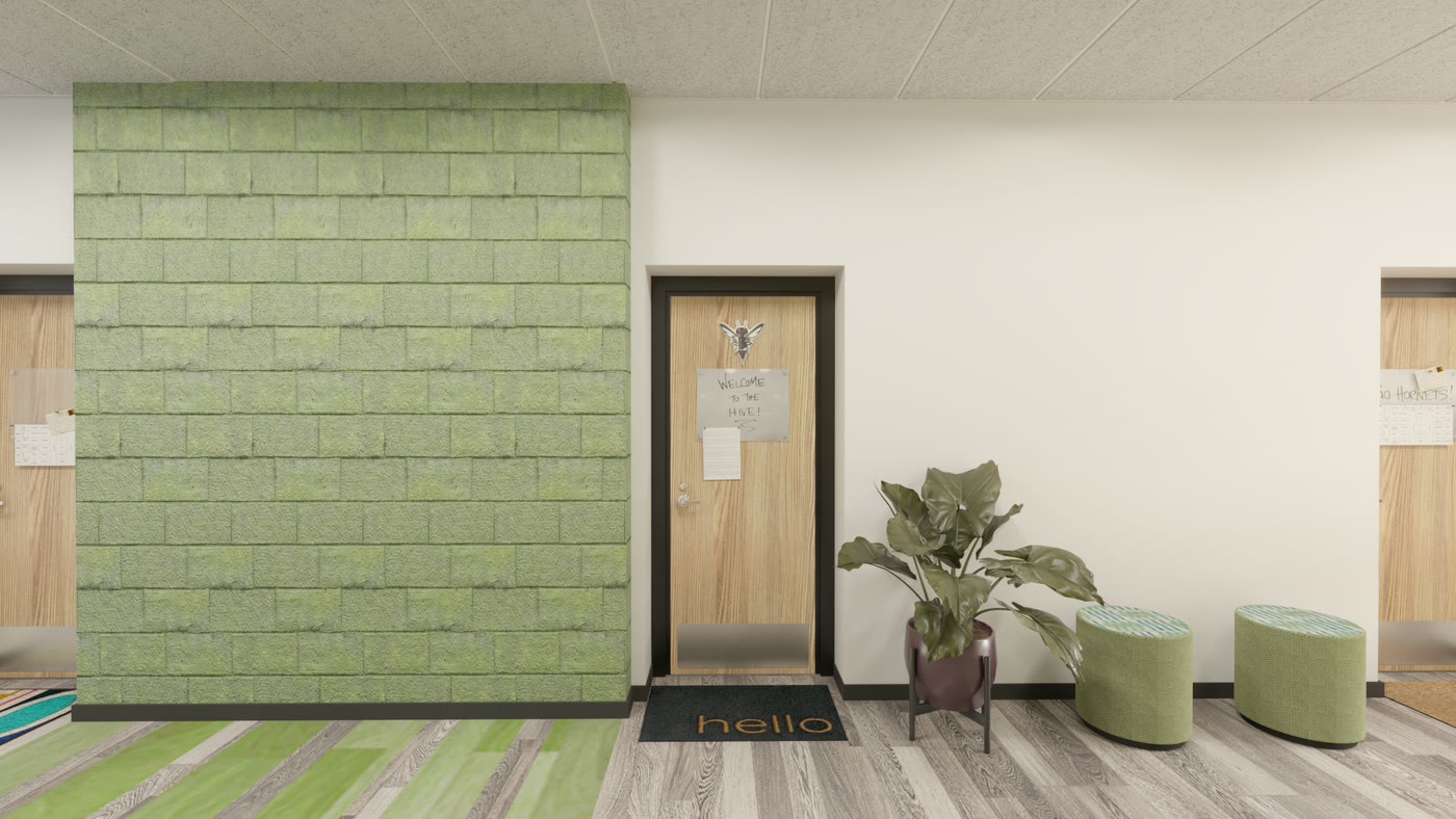 The corridor outside: a green brick pier, the bedroom door and a run of doors beyond