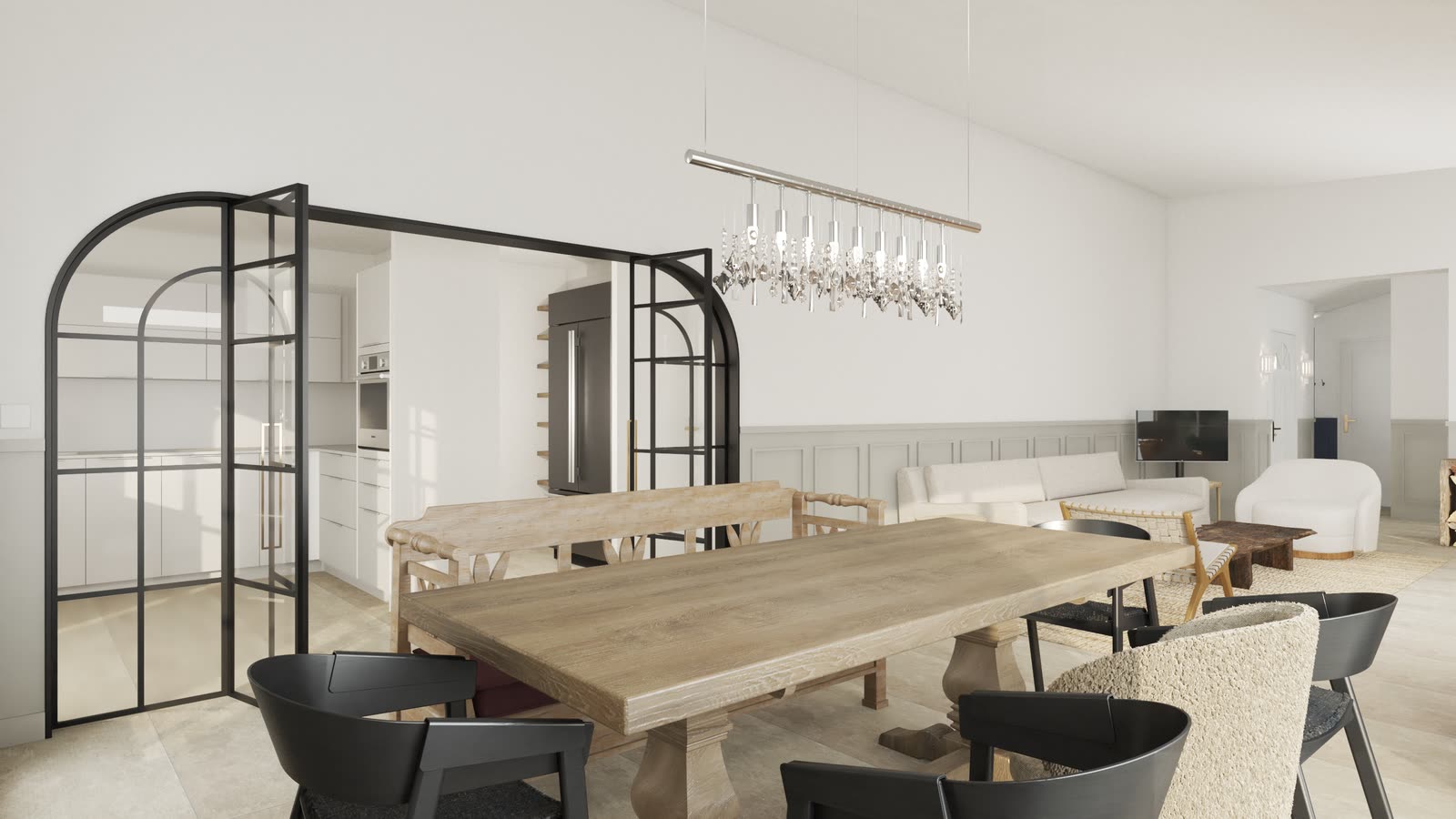 A dining room seen through a black steel arched screen, with panelled walls and a limestone floor