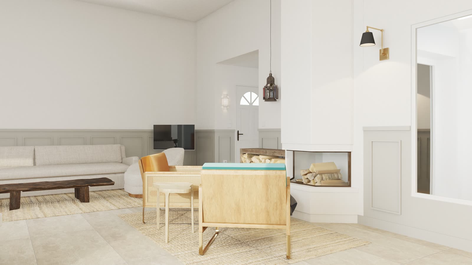 The living room and the corner fireplace