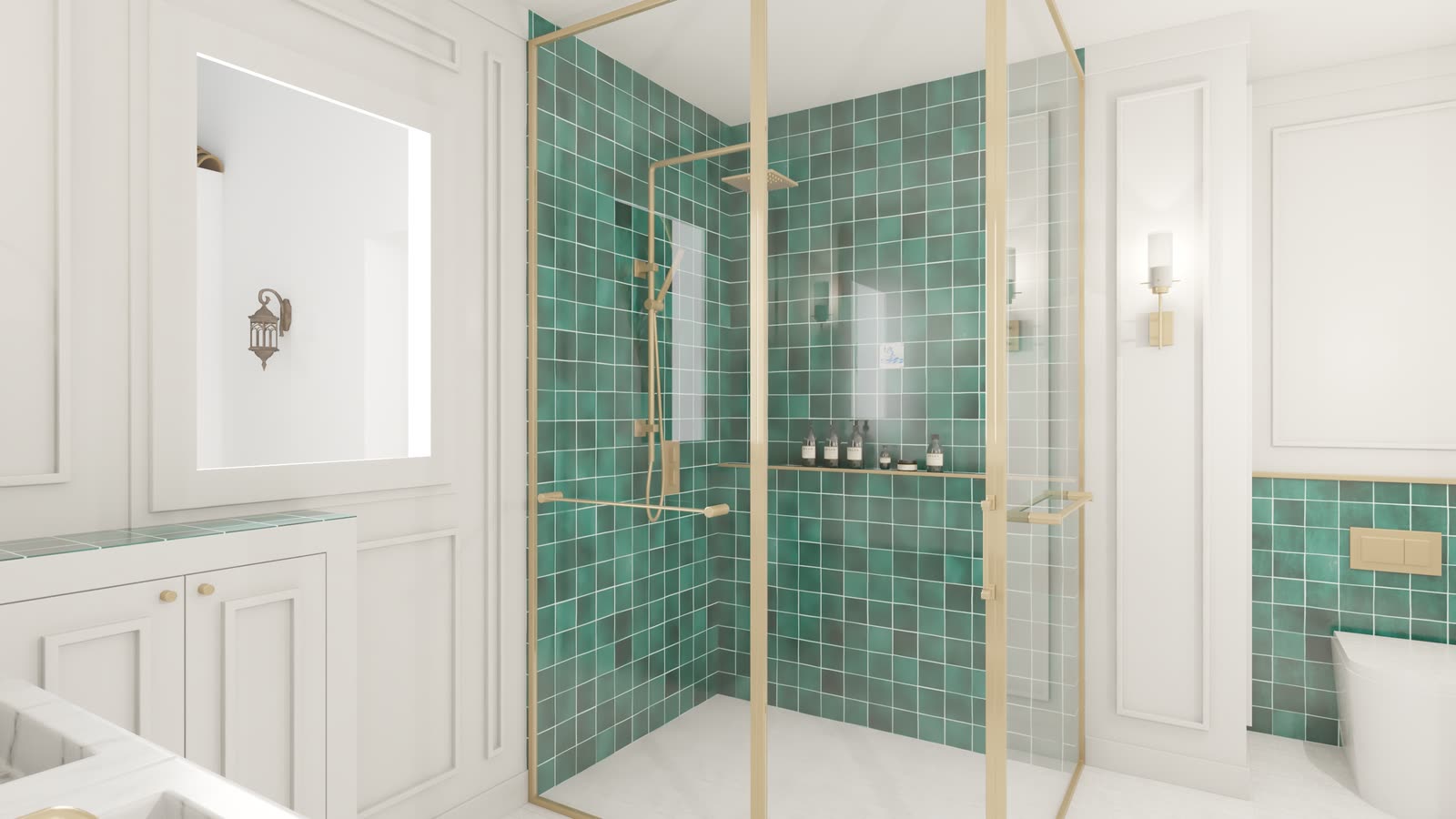 The green shower, glazed and framed in brass
