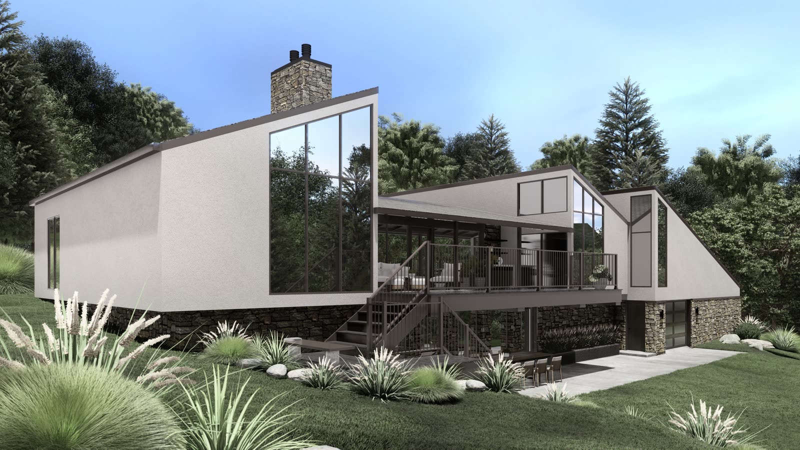 A hillside house under one long single slope roof: white render on a stone base, raked glazing at the gable, a deck cut into the slope and conifers behind