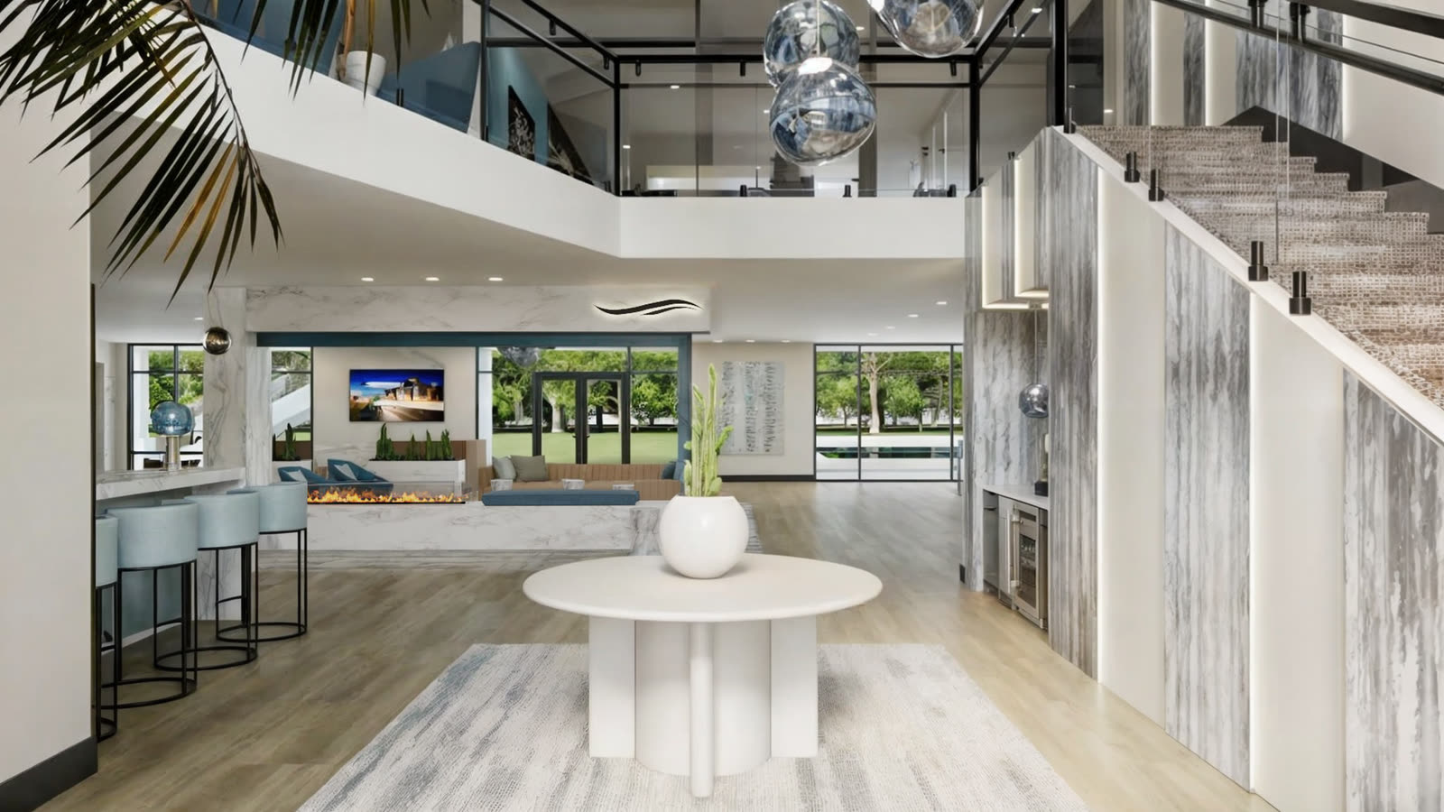 A double height residential lobby in pale timber and sea glass blue, with a stair, a coffee bar and full height glazing to a terrace