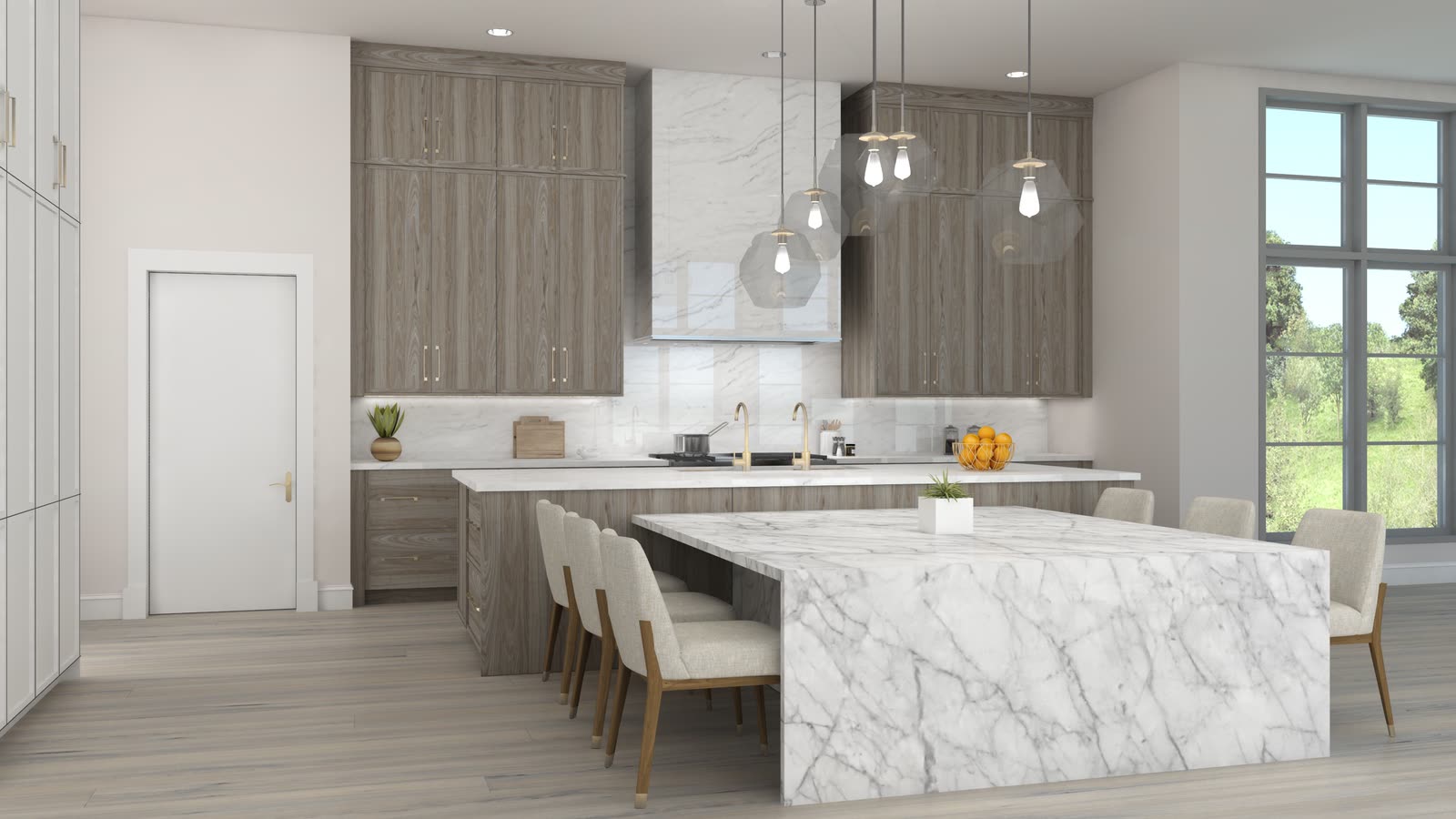 A large kitchen drawn for another studio, with an island, a run of tall cabinetry and a range wall
