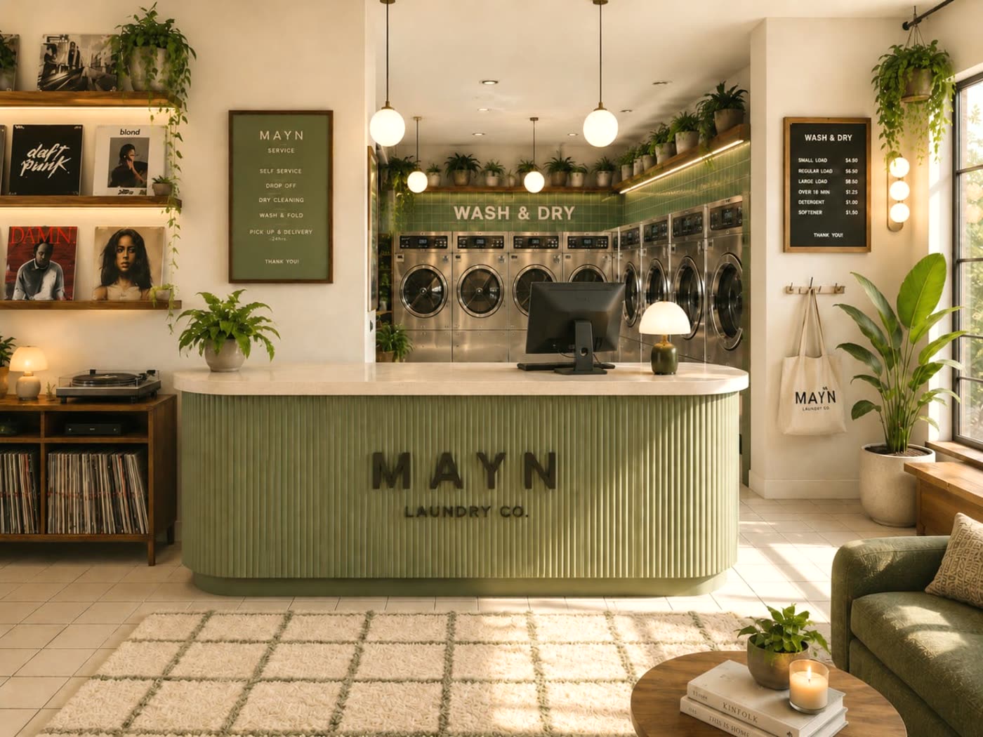 MAYN Laundry Co concept: fluted olive service desk under a WASH AND DRY sign, with a record shelf and a green sofa