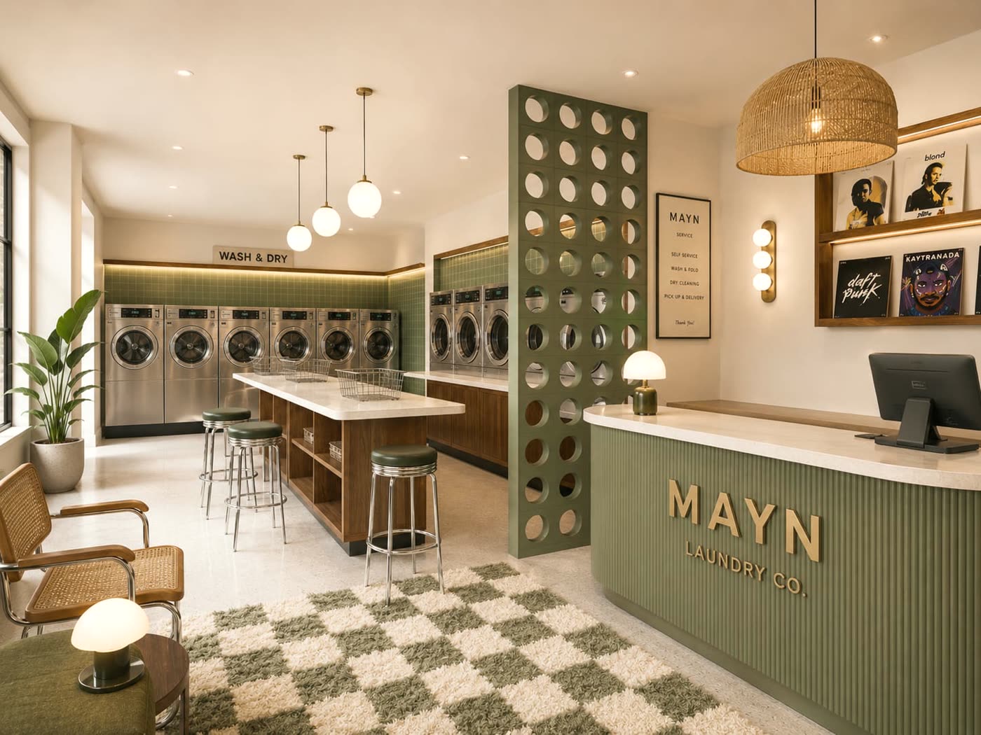 MAYN Laundry Co concept: folding island and stools on a green checkerboard rug, machines banked along the wall