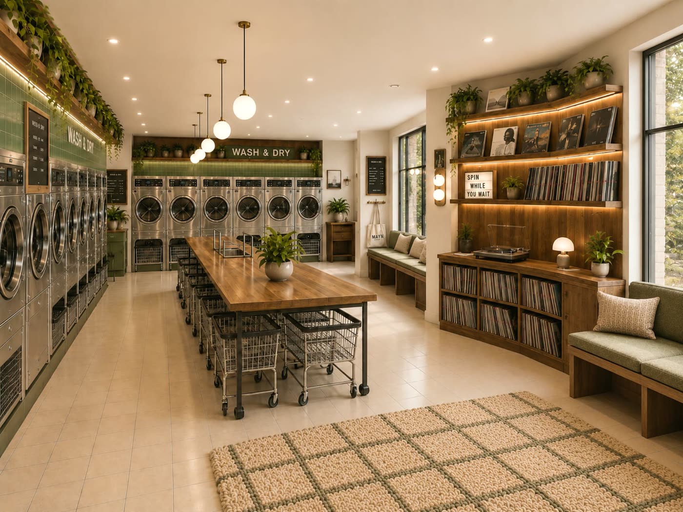MAYN Laundry Co concept: the long room, a timber folding table with wire carts, and a record wall reading SPIN WHILE YOU WAIT