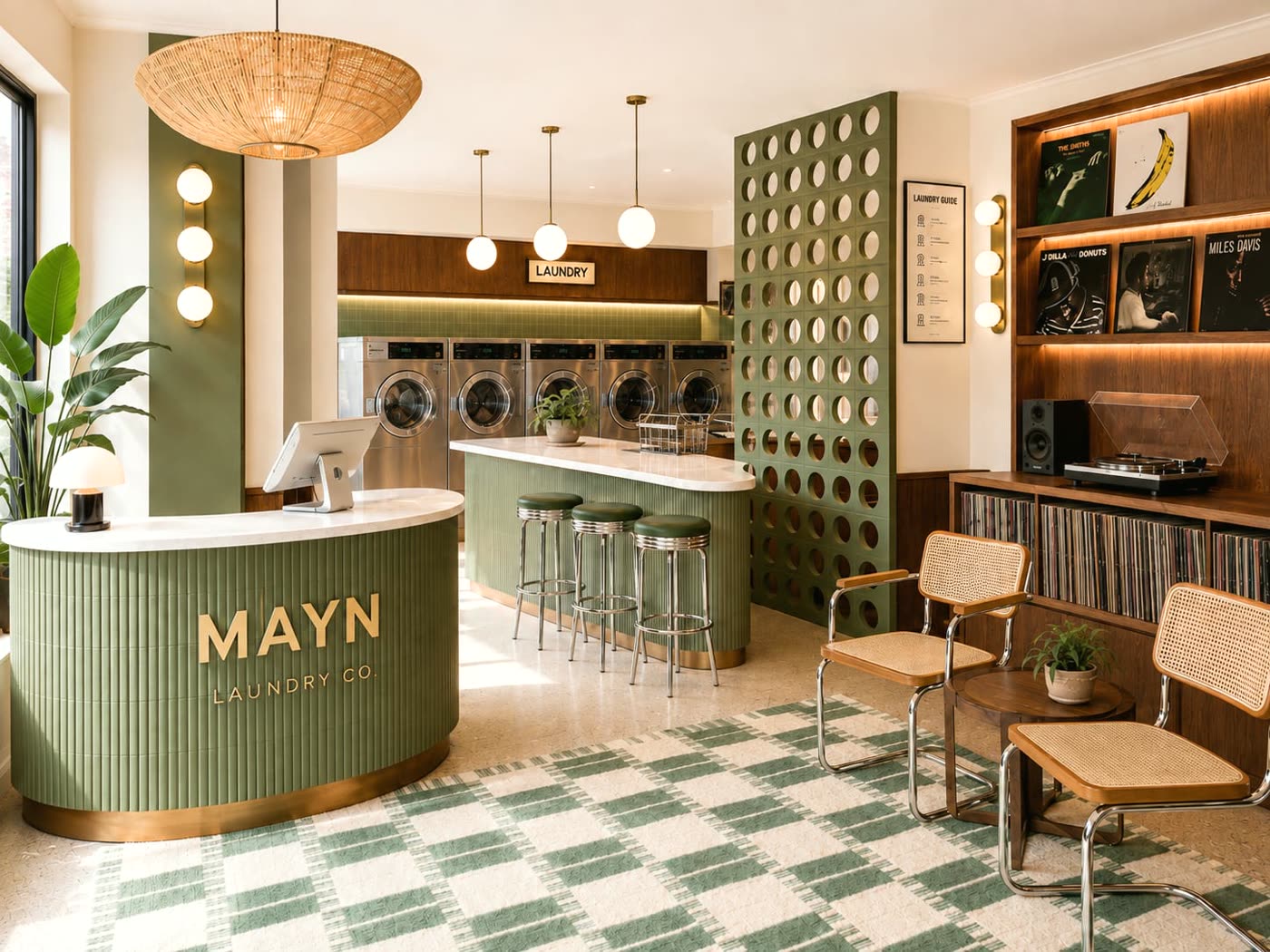 MAYN Laundry Co concept: the curved desk on a brass plinth, plaid rug, cane chairs and a turntable