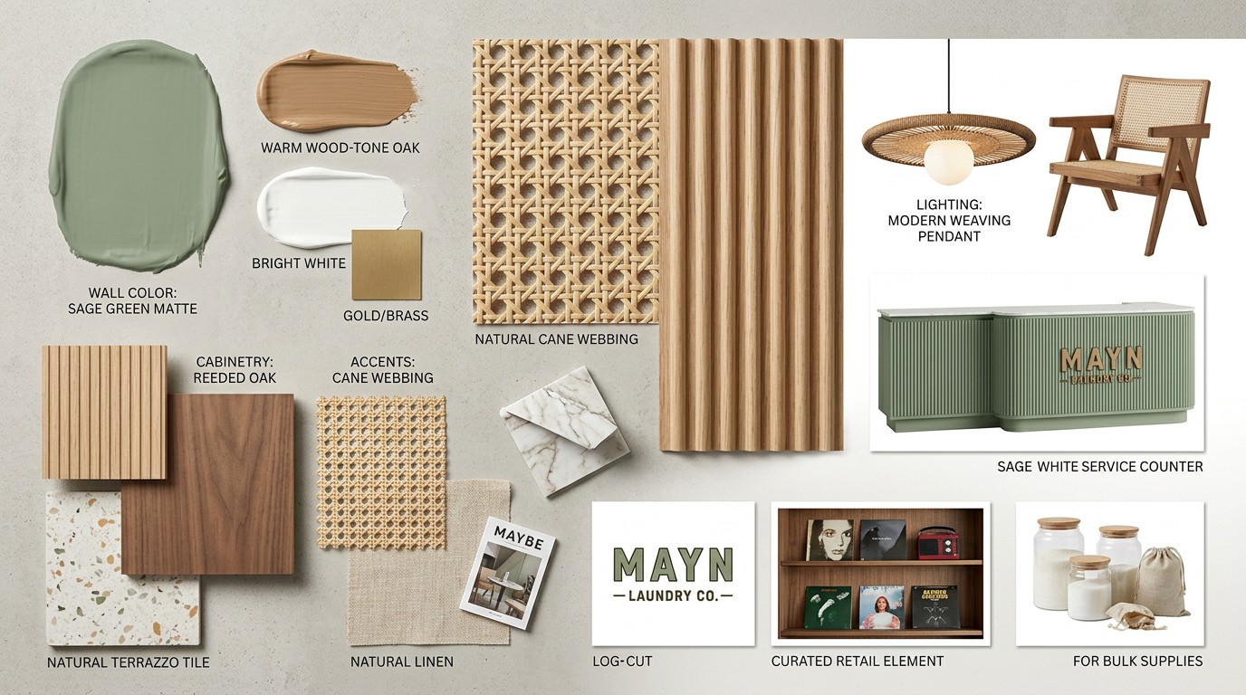 Palette and materials for MAYN Laundry Co: sage green paint, warm oak, bright white and brass, cane webbing, reeded oak and walnut, terrazzo, natural linen, a woven pendant, a cane chair and the sage fluted service counter