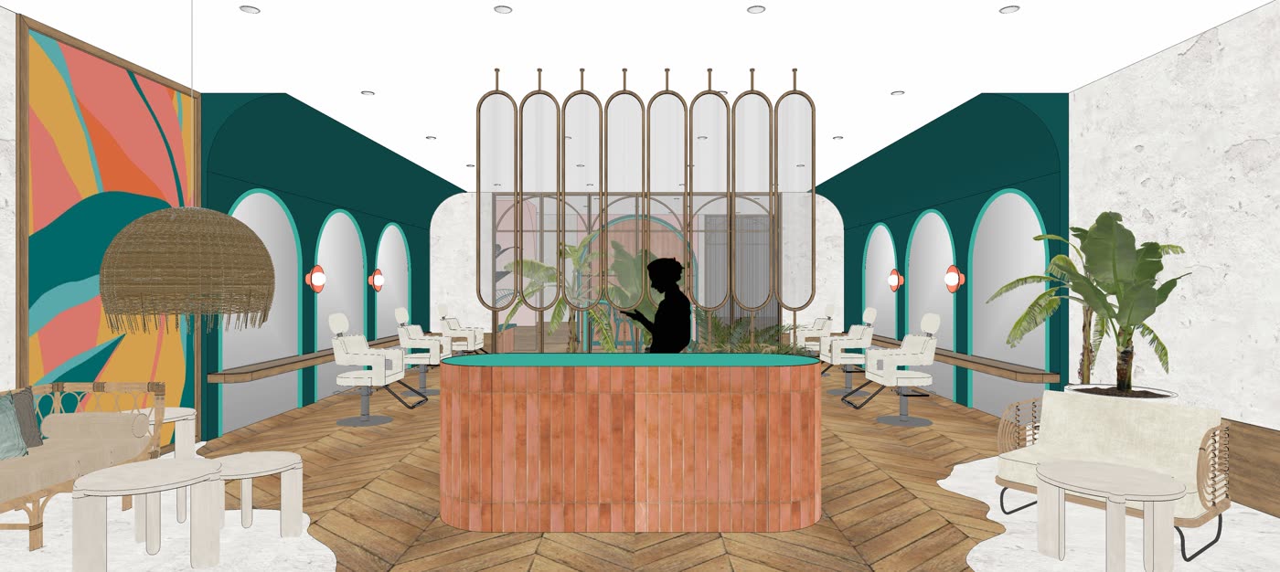 Shopfront option A seen from inside the lounge, arched bays in fluted glass