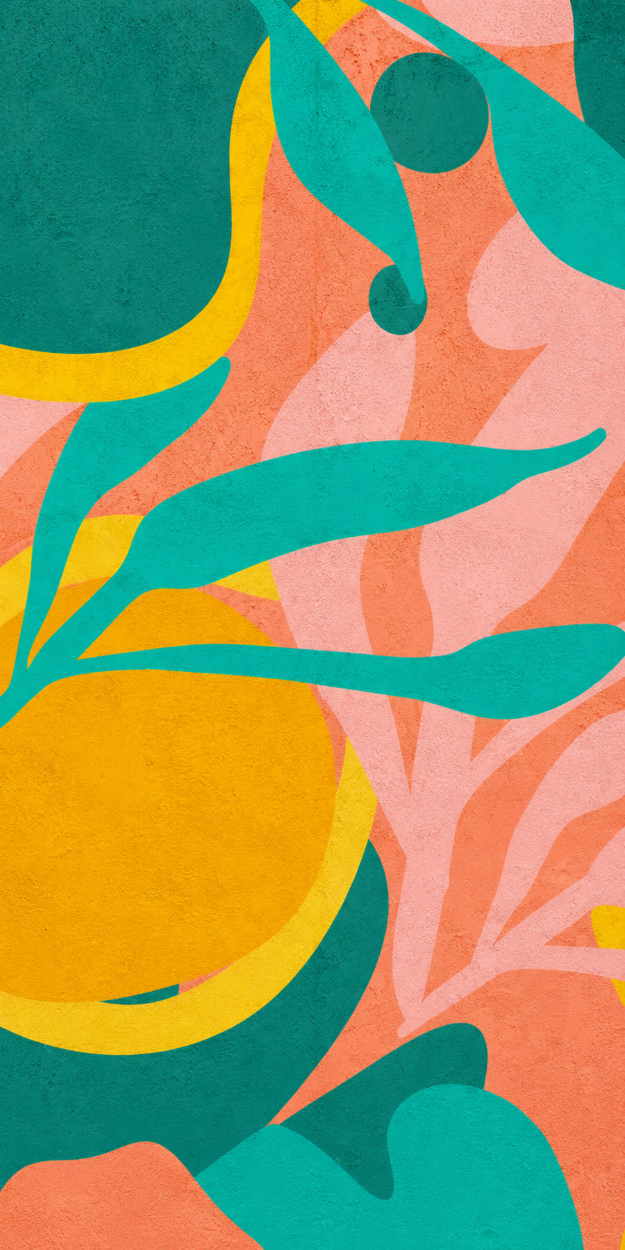 Mural option one, cut paper leaves and fruit in teal, coral, blush and yellow on plaster