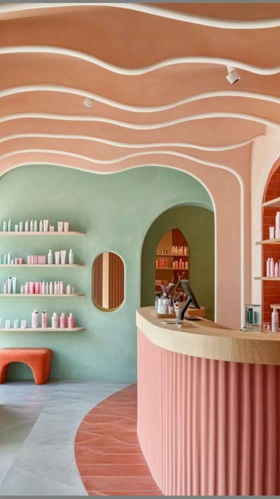 A skincare store with a wave layered ceiling in coral, a mint wall and a fluted pink counter