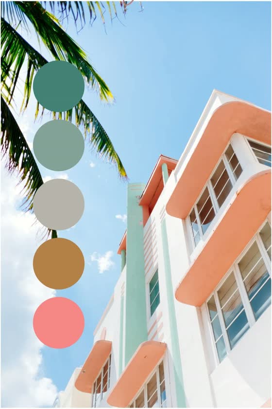 An art deco facade in coral and mint under palms, with a column of sampled colours