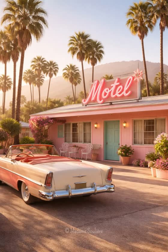 A pink roadside motel at golden hour with a neon sign, palms and a vintage convertible
