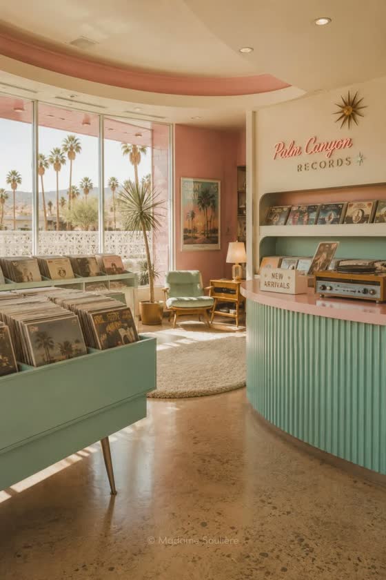 A record shop interior in mint and pink with a fluted counter and a starburst