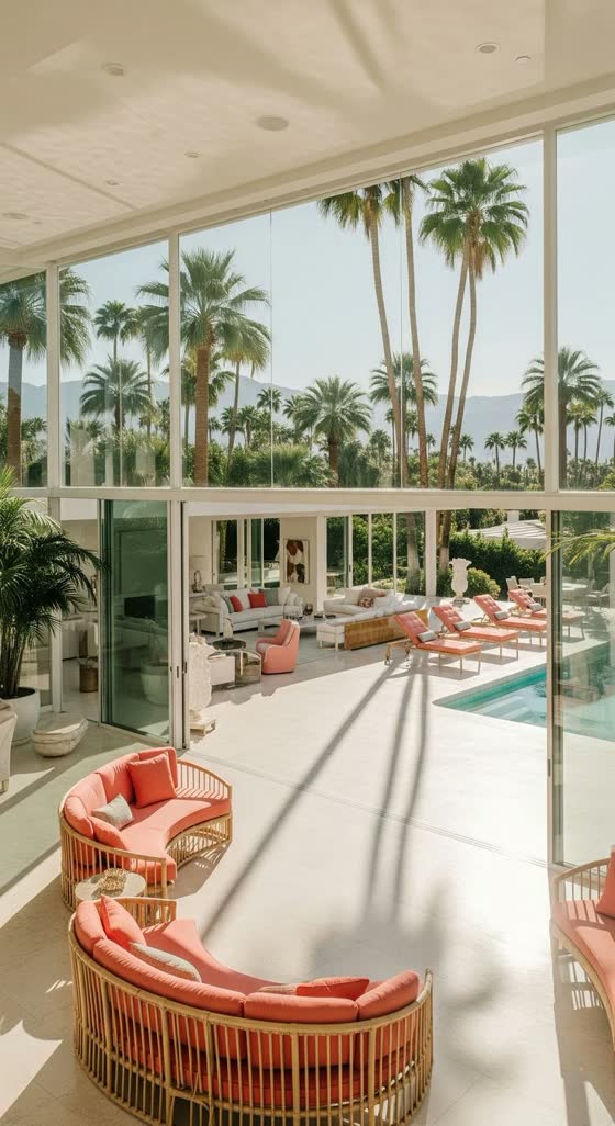 A mid century glass house with coral rattan seating opening onto a pool terrace