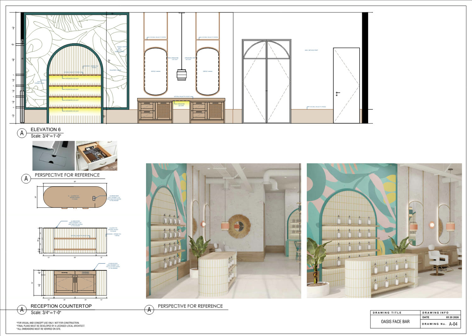 Drawing A-04 for the small store: elevations with mirrors, integrated LED and walnut plywood joinery