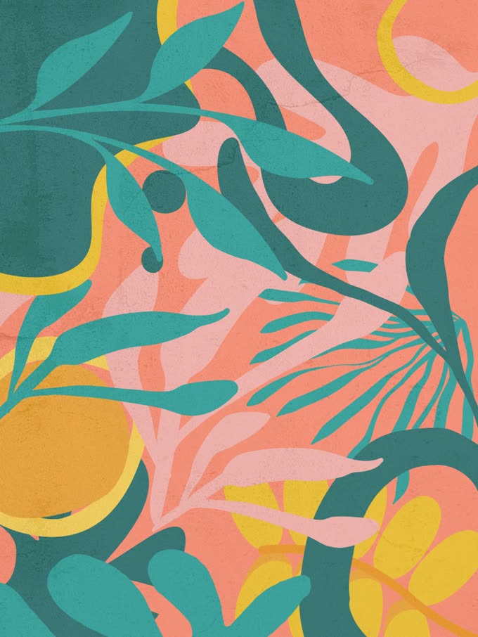 Wall covering study 2, cut paper botanicals in the Desert Sunset palette