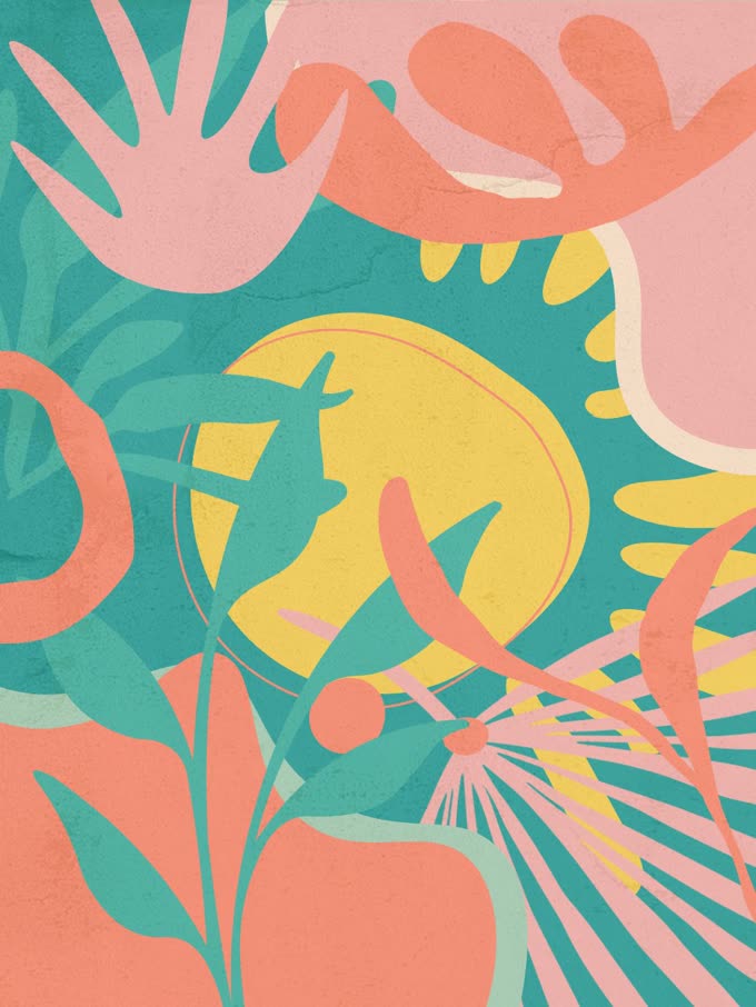 Wall covering study 3, cut paper botanicals in the Desert Sunset palette