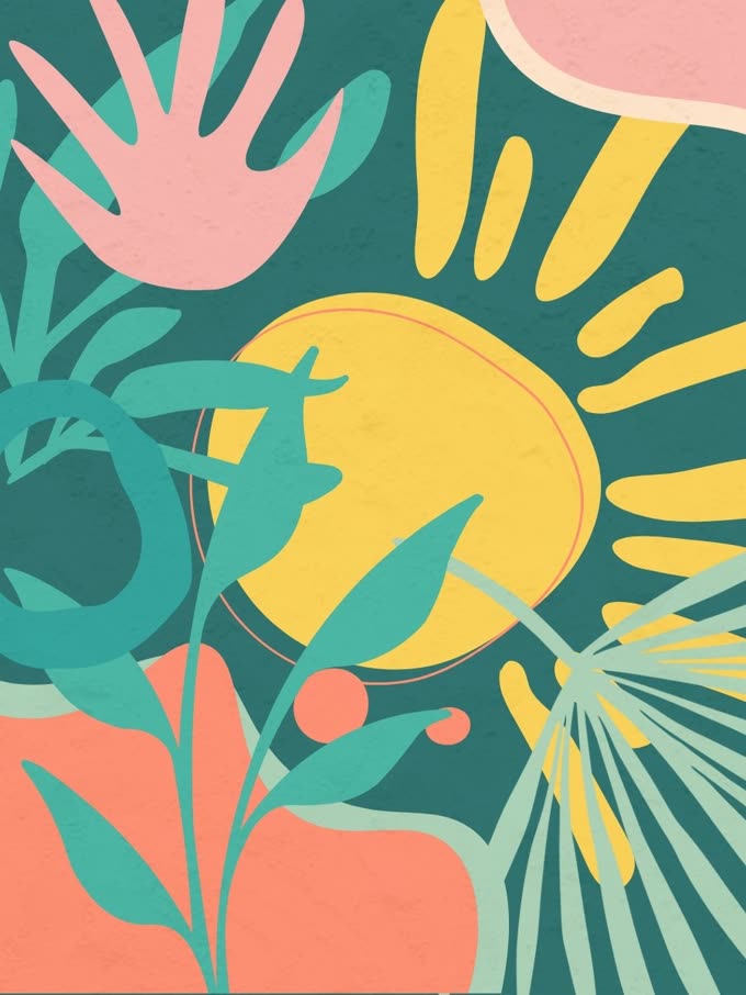 Wall covering study 5, cut paper botanicals in the Desert Sunset palette