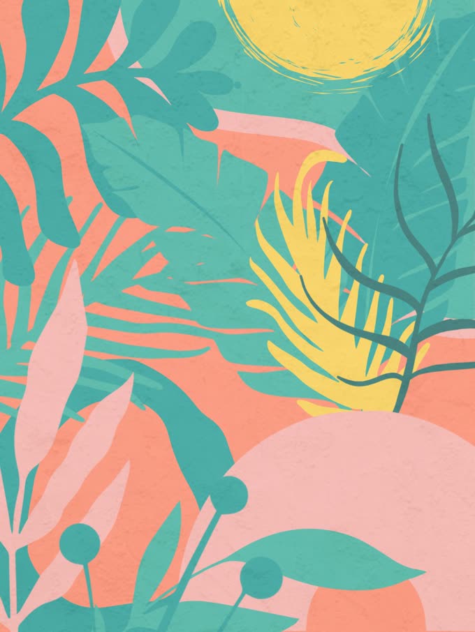 Wall covering study 8, cut paper botanicals in the Desert Sunset palette